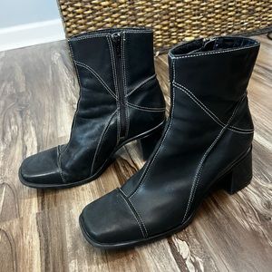 Clarks Boots Y2K Patchwork Black Leather Square Toe Block Heel